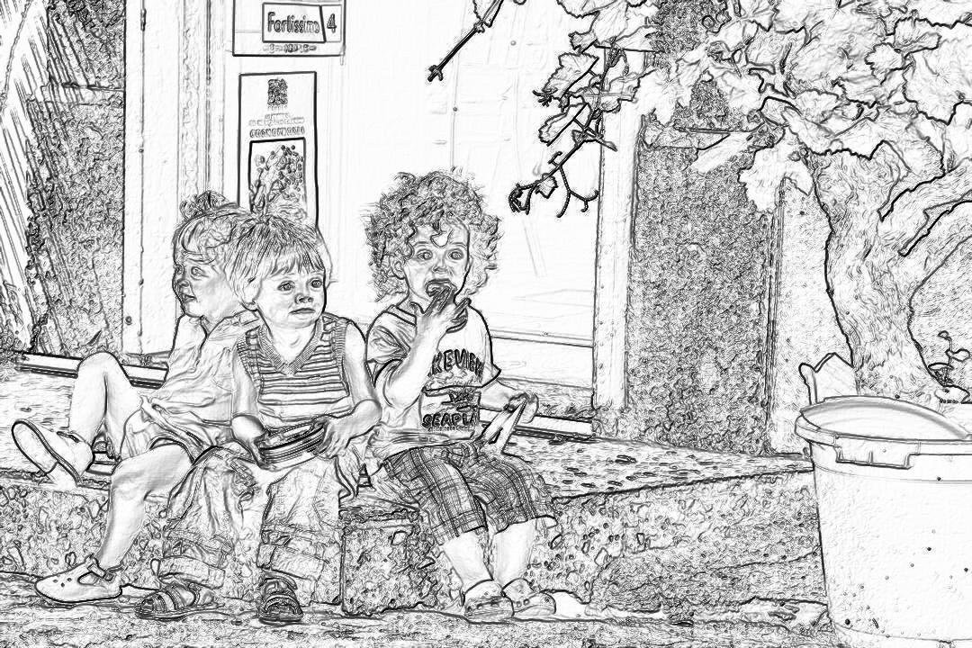 Black and white line drawing, children eating ice cream in the town square of Tivoli, Italy, two boys with curly hair sitting on a bench near an old door, three girls playing around them, summer time, warm weather, coloring book page for kids, simple, no shading, low details, low detail, low resolution, low quality, black outline, thick lines, no color,