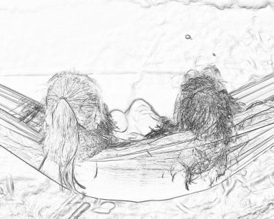 A simple black and white storyboard sketch of two people in love cuddling on an open air hammock, one with long hair the other bearded