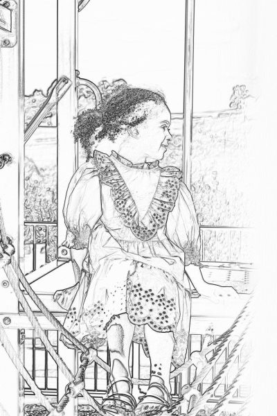 A coloring page of an African American toddler girl wearing Victorian , sitting on the balcony at Chatsworth House in the English countryside. She is looking out over fields and hills. The drawing should be simple with bold lines for easy coloring and have low detail to make it suitable for children's coloring pages.