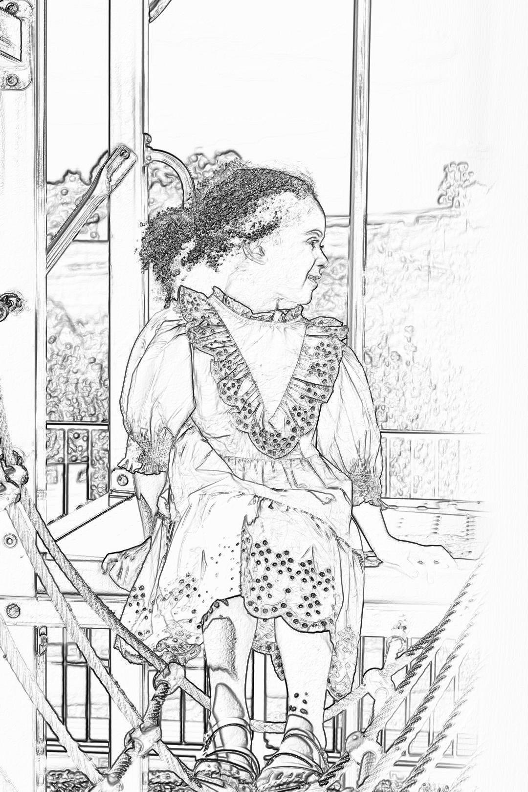 A coloring page of an African American toddler girl wearing Victorian , sitting on the balcony at Chatsworth House in the English countryside. She is looking out over fields and hills. The drawing should be simple with bold lines for easy coloring and have low detail to make it suitable for children’s coloring pages.