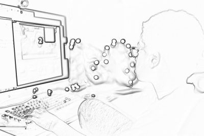 Black and white line drawing of an office worker sitting at his computer, playing with the air canon camera's fabric cover that is attached to it. The man has several small circles on her head, which she touches while working on him. There should be no faces in these pictures. No background or scenery should appear behind them. She focuses intently on holding onto all three buttons, each one connected by a black wire from above. High resolution, sharp focus, very detailed,