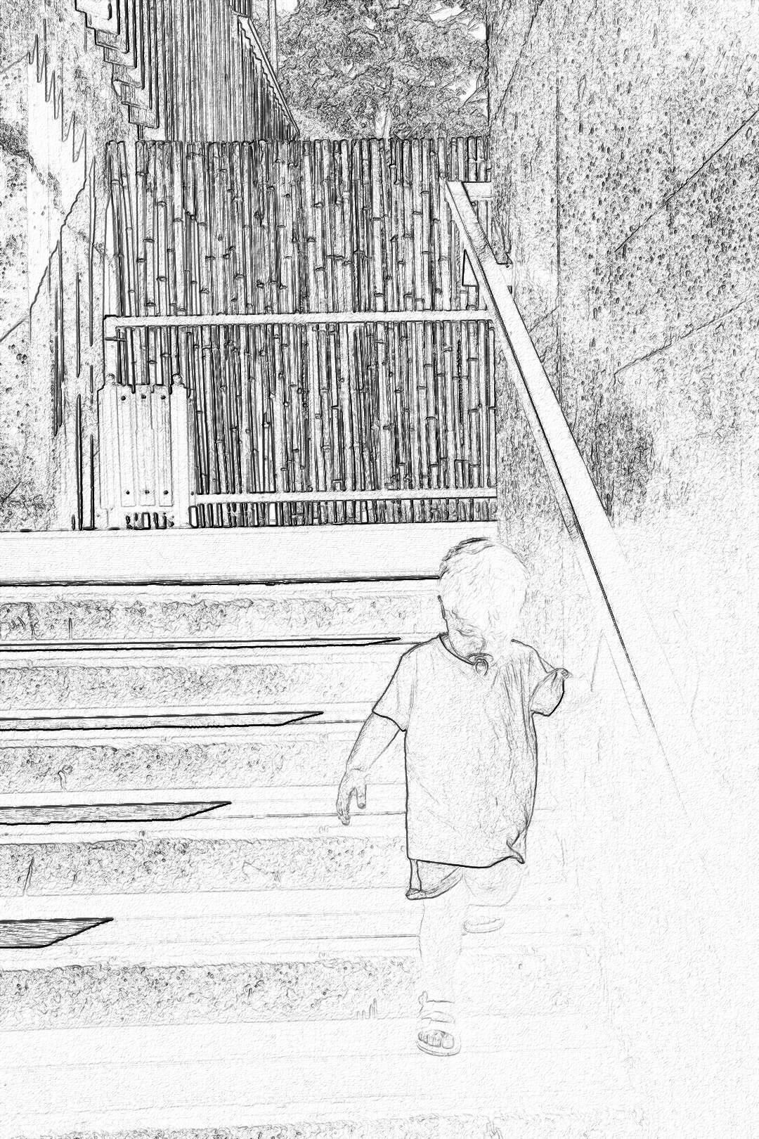 A little boy is climbing the stairs, in the pencil drawing style with simple lines where only one line is used for each character. The background features bamboo slats and white walls, creating an atmosphere of tranquility and calmness. Black ink outlines with delicate shading are used for texture. The illustration captures a moment in time where a focus on clear details and a minimalist aesthetic creates depth to his joyful expression, in color.