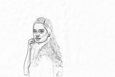 simple pencil sketch portrait of young woman, full body, white background, cinematic, artstation style , black and white