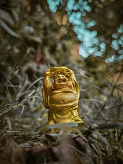 In the woods, there is an extremely small golden sculpture of a happy Buddha holding up his head and smiling. From the front view, it has a blurry appearance with a bokeh effect. The surrounding environment has trees and plants that make him appear smaller in size. This photo was taken using a Canon eos r5 camera. --ar 3:4