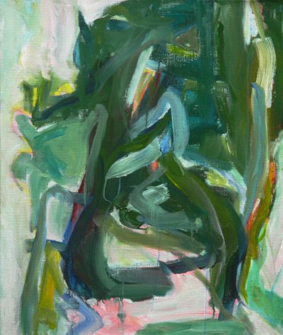 abstract oil painting of an alien in the style of Leonor Finkman, green and pink with blurry details and playful brushwork --ar 27:32