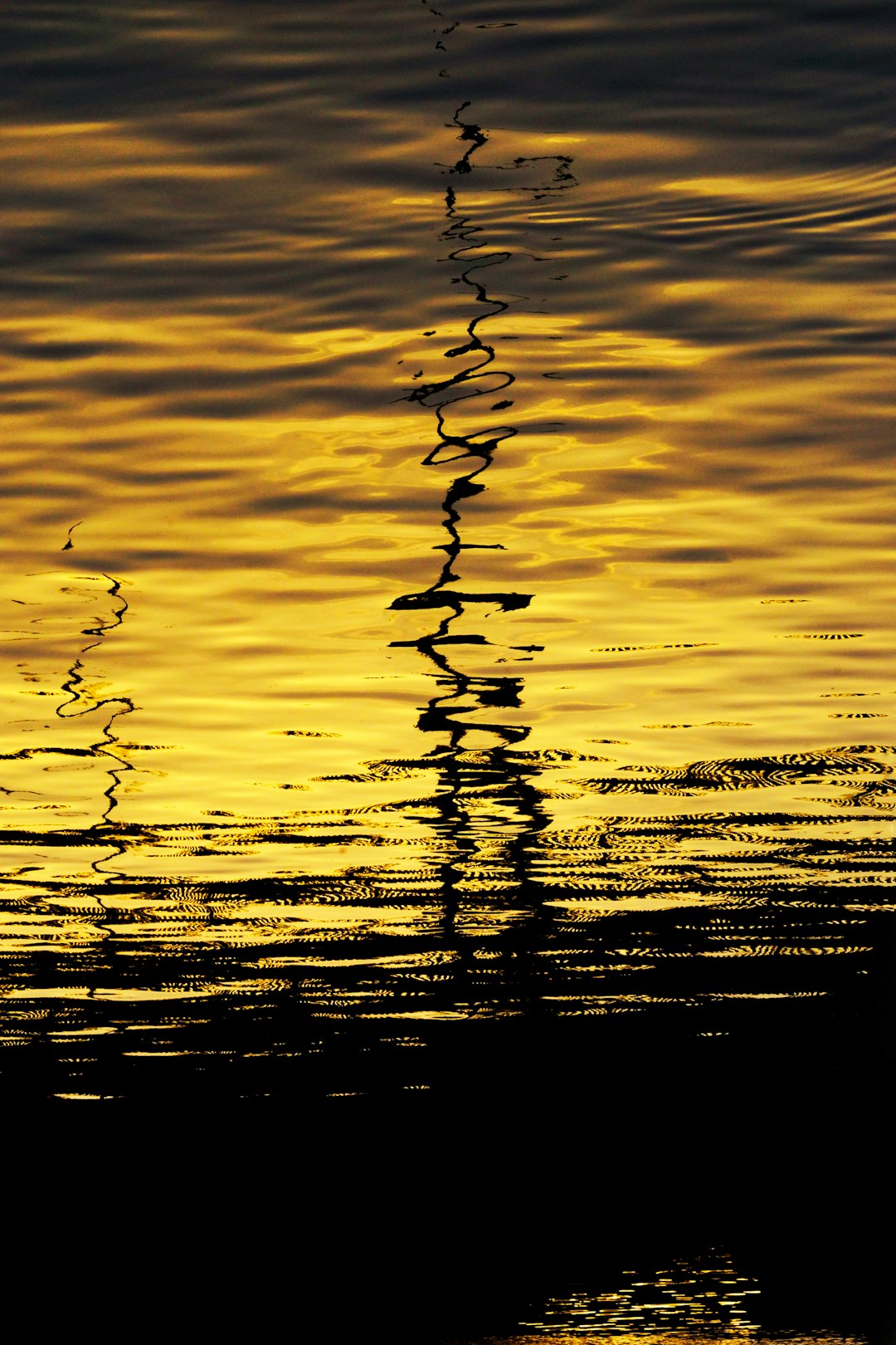 The reflection of the setting sun on the water creates ripples that spread across its surface. The golden hues and shadows create an abstract pattern in shades of yellow and black against the dark background. Golden hour light, silhouette effect, water reflections, in the style of digital art, high resolution, wide angle lens, focus on reflection details. –ar 85:128