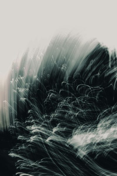 A wave of dark water, blurred and motion lines of light on the surface, grainy, long exposure, double exposure, monochrome, minimalist, surrealism, dreamlike, high contrast, depth of field, abstract, soft lighting, moody, in the style of fantasy. --ar 85:128