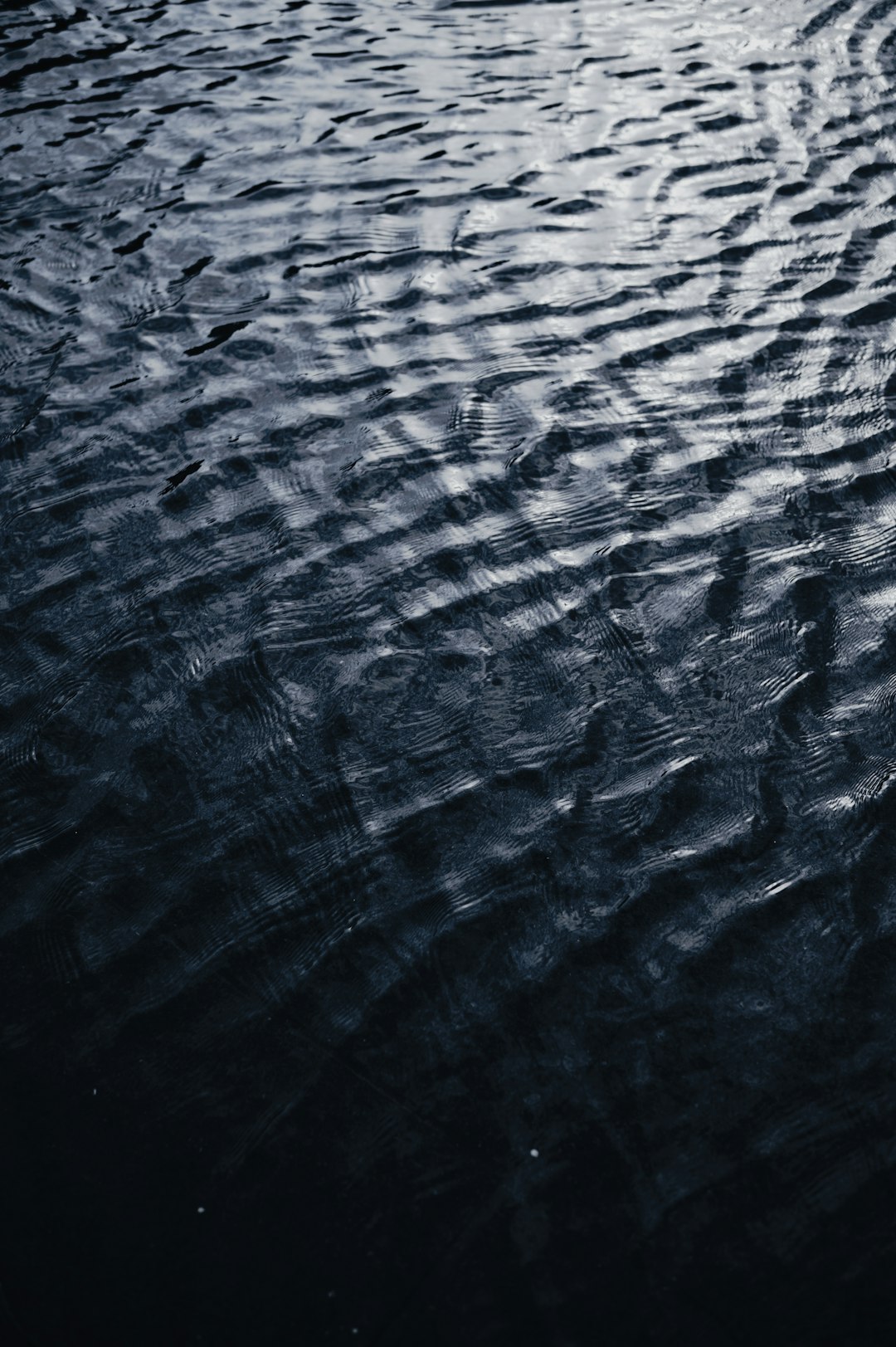 Dark water surface, ripples on the water’s edge, closeup of ripples in dark blue tones, low saturation, low light reflection on wet ground, cool tone, top view angle, high contrast, mysterious atmosphere. –ar 85:128