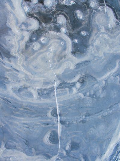 an abstract painting of swirling ice, blue and grey colors, a small white crack in the center is filled with water drops, close up, macro photography, --ar 95:128