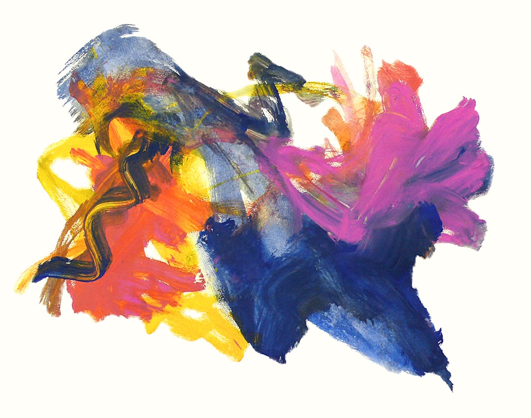 abstract painting of an abstract expressionist dance performance, on a white background, colorful brush strokes in blue and yellow with purple highlights, no shadows, minimal detail, flat colors, no textures, isolated on the edges, vibrant, energetic in the style of an abstract expressionist. –ar 32:25