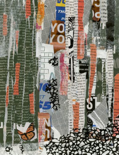 A mixed media collage featuring various cutout newspaper clippings, magazine pages and torn paper with the word "yv & yom" in bold letters centered on top of an abstract patterned background with elements like butterflies, patterns and shapes. The color palette includes shades of green, orange, black and white creating contrast between different textures. This artwork is made to evoke emotion through its use of typography and graphic design elements in the style of an abstract artist. --ar 49:64