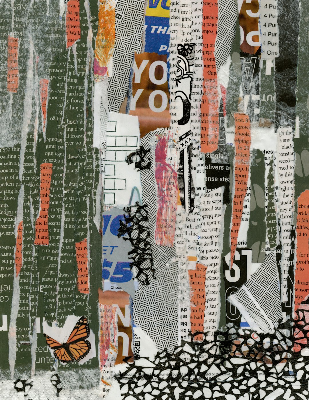 A mixed media collage featuring various cutout newspaper clippings, magazine pages and torn paper with the word “yv & yom” in bold letters centered on top of an abstract patterned background with elements like butterflies, patterns and shapes. The color palette includes shades of green, orange, black and white creating contrast between different textures. This artwork is made to evoke emotion through its use of typography and graphic design elements in the style of an abstract artist. –ar 49:64