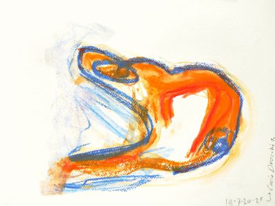 A colored sketch of the silhouette of an orange and blue figure lying on its back, the drawing is simple with soft colors on a white background, in the style of Leonid Afrimov. --ar 4:3