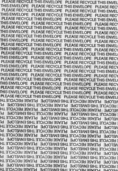 The image shows "Please_scaling recycling" in a stylized font with a typographic pattern. Each letter has large white space between it and there is lots of negative space. Multiple full rows of letters are spread across the envelope background in the style of a typographic artist. --ar 11:16