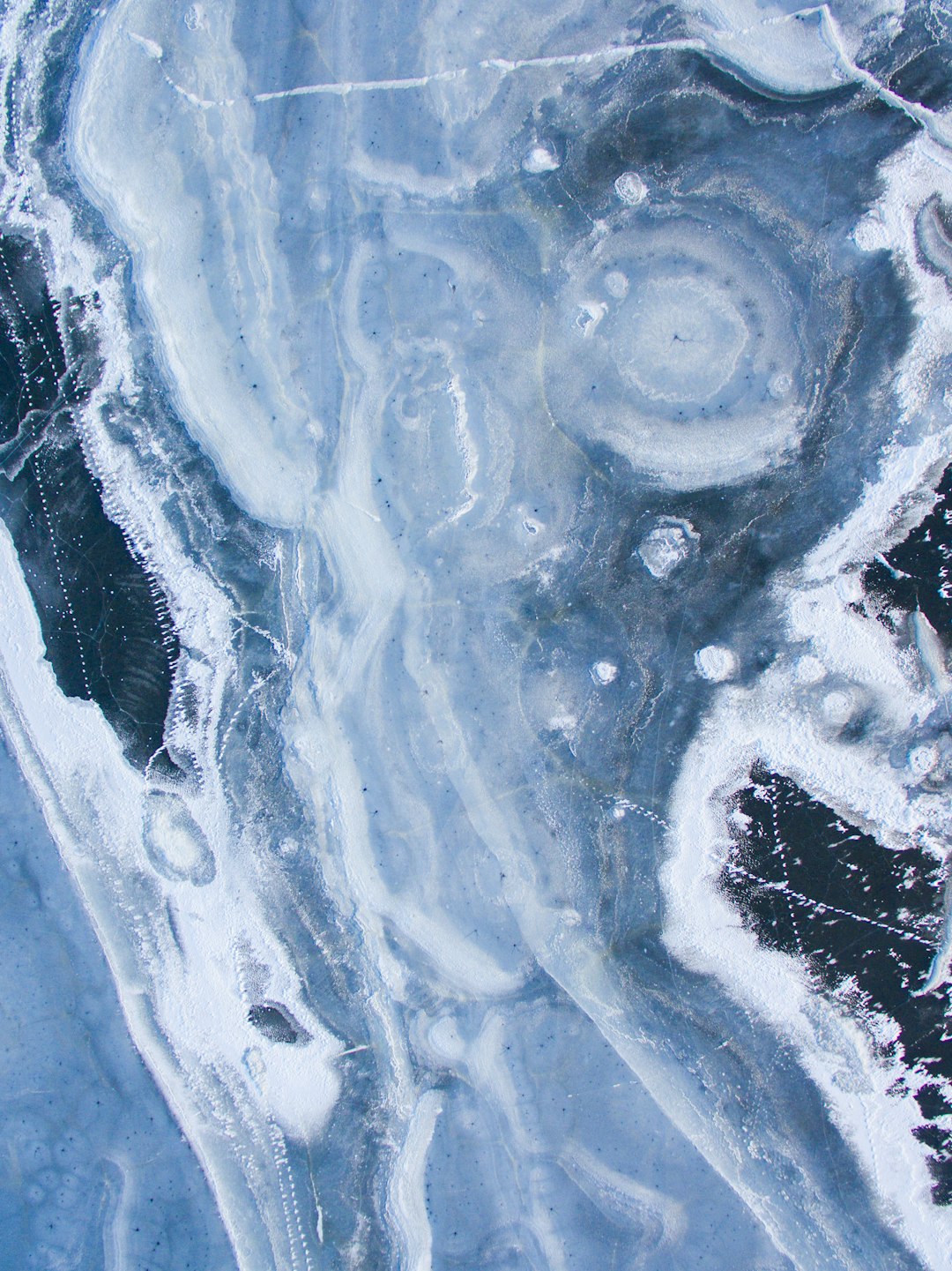 aerial view of an ice lake with swirls and ripples, close up, abstract painting, hyper realistic photography –ar 95:128