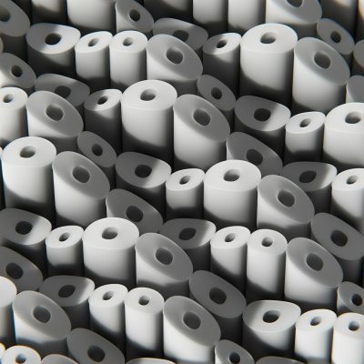 A large number of toilet paper rolls were stacked together, creating an abstract pattern. The background was a dark gray and each roll was focused on in white with small holes in it. It was a 3D rendering with a realistic texture that gave off soft light and shadow effects. This scene created a sense of depth and detail, highlighting the beauty of these tiny, highly detailed rolls in the style of hyperrealistic, 20k resolution HDR rendering.