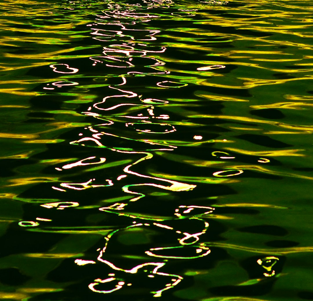 Abstract green water ripples, golden reflections, and the sunlight’s reflection on calm waters. –ar 128:123