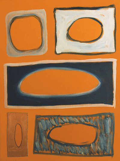 minimalist abstract painting of an orange background with two oval shapes, one white and the other blue, in various sizes and styles in the style of different artists. --ar 3:4