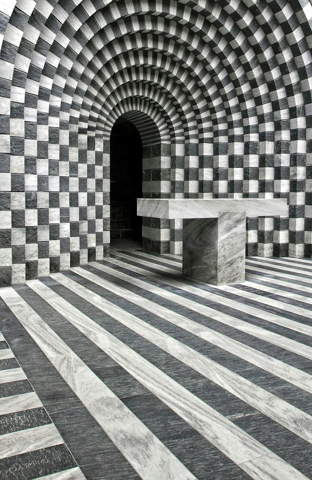 S bolsoni’s architectural photography, An optical illusion made of black and white checkered tiles with marble lines leading to an archway in the style of S bolsoni. –ar 83:128