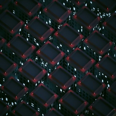 Isometric pattern of dark gray boxes with red lights on them, 3D rendered illustration in the style of isometric, dark background, isometric style.