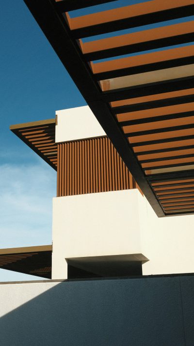 an editorial photoshoot for architecture magazine of an modernist white and wooden building with large slats, on the roof is an elaborate dark wood trellis structure, blue sky background, close up shot --ar 9:16