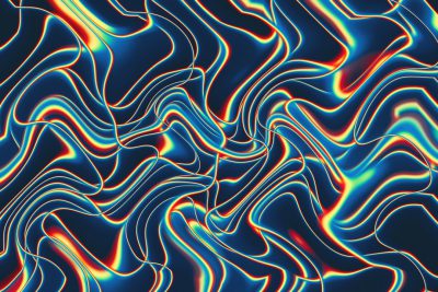 A psychedelic pattern of colorful wavy lines on a dark blue background, with neon lighting effects. The colors include reds and yellows. There is an overall glow that adds to the vibrant effect. This design would be suitable for backgrounds or wallpaper in a digital art style. It could also create an atmosphere of energy and excitement when used as a graphic element in the style of psychedelic art. --ar 128:85