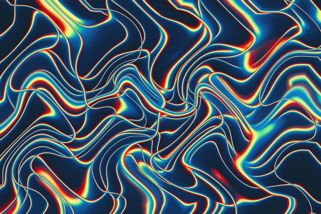 A psychedelic pattern of colorful wavy lines on a dark blue background, with neon lighting effects. The colors include reds and yellows. There is an overall glow that adds to the vibrant effect. This design would be suitable for backgrounds or wallpaper in a digital art style. It could also create an atmosphere of energy and excitement when used as a graphic element in the style of psychedelic art. –ar 128:85