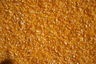 A closeup of cornscape, a background texture made from grain particles of yellow color. The grains form an intricate pattern with sharp edges and clear outlines. They appear to be made up of tiny crystals or stones, giving the impression that they were carved in the style of being hand into very small pieces. In its center is a large area filled entirely in orange tone. This should look like real photography, but as if taken using macro lens. --ar 128:85