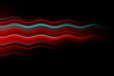 Red and cyan wavy lines on a black background, a vector illustration in the minimalist style with a symmetrical composition. Soft light and dynamic effects are used on abstract shapes with smooth curves. High resolution and high quality. --ar 128:85