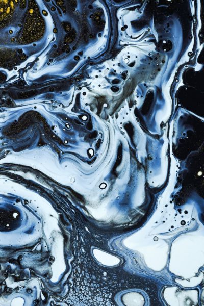 Black and white swirls in blue, acrylic fluid art depicting the closeup of the universe in the style of white dots with gold on a black background, creating an abstract painting style. The overall color scheme is mainly dark tones, creating a mysterious atmosphere. High definition photography. --ar 85:128