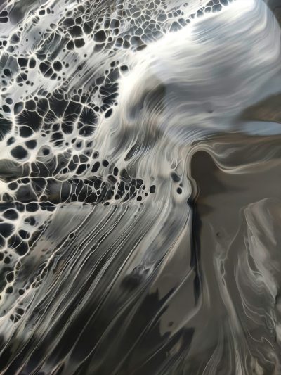 Abstract black and white fluid, wavelike patterns, splashes of liquid metal, high detail, surrealistic style, reminiscent of ocean waves in the background. High resolution, print quality. Aerial view of flowing silver metallic water on flat ground. The design incorporates deep gray and shimmering silver, creating an atmosphere of mystery and depth. It is suitable for a wide range of artistic applications. --ar 3:4