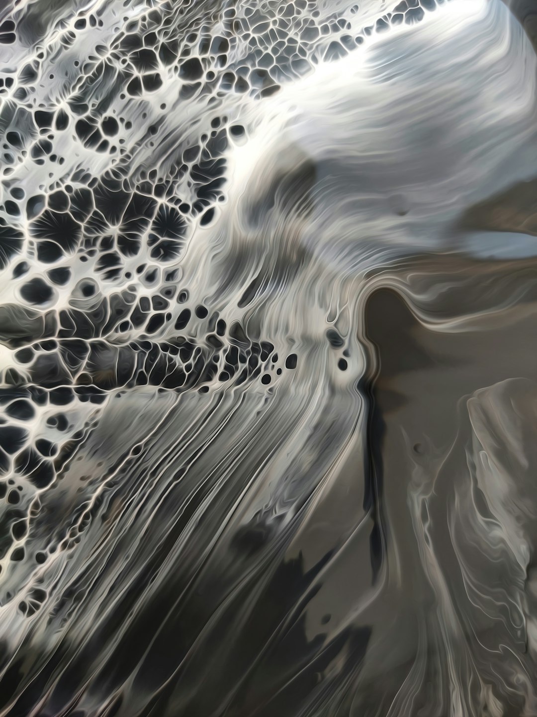 Abstract black and white fluid, wavelike patterns, splashes of liquid metal, high detail, surrealistic style, reminiscent of ocean waves in the background. High resolution, print quality. Aerial view of flowing silver metallic water on flat ground. The design incorporates deep gray and shimmering silver, creating an atmosphere of mystery and depth. It is suitable for a wide range of artistic applications. –ar 3:4