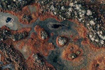 A top-down view of an aerial photo shows tundra terrain. Moss and lichen grow on the land. Small rocks with red earth around them dot the landscape. In one spot, two black holes sit side by side in the style of holes made for monsters to climb into. Though desolate, the land looks beautiful. --ar 128:85