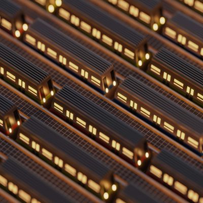 close up of multiple rows of small brown and gold futuristic train cars with glowing windows, photorealistic, hyperrealism, macro photography, cinematic