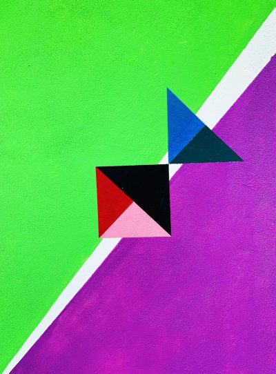 minimalist painting of colorful geometrical shapes on green and purple background, one triangle in the middle is black with two lines pointing to it from each side --ar 47:64