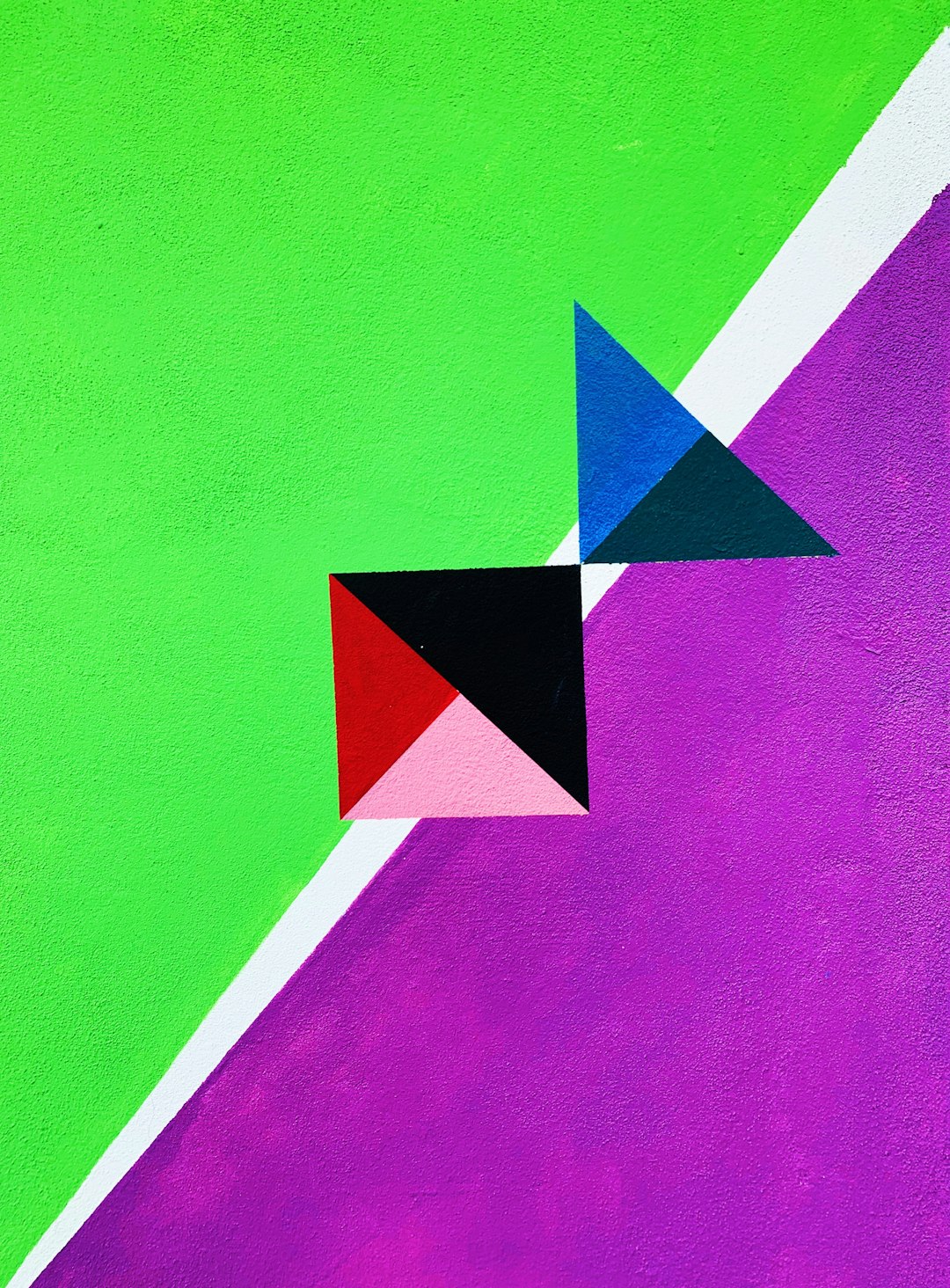 minimalist painting of colorful geometrical shapes on green and purple background, one triangle in the middle is black with two lines pointing to it from each side –ar 47:64