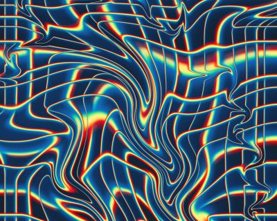 An abstract pattern of flowing lines and curves, with neon blue, yellow and red color gradients, creating an otherworldly visual experience. The design incorporates holographic colors in the style of adding depth to the composition. --ar 64:51