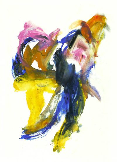 Abstract dancing figures with loose gestural brush strokes in the style of [Marjane Satrapi](https://goo.gl/search?artist%20Marjane%20Satrapi) and [Bill Brauer](https://goo.gl/search?artist%20Bill%20Brauer), using a colors palette of yellow, blue, pink, purple and orange against a white background. --ar 23:32