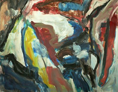 An abstract expressionist painting of an animal in the style of [Kazuo Shiraga](https://goo.gl/search?artist%20Kazuo%20Shiraga) with museum quality brushwork and colors including reds, yellows, blues, and black with a white background.