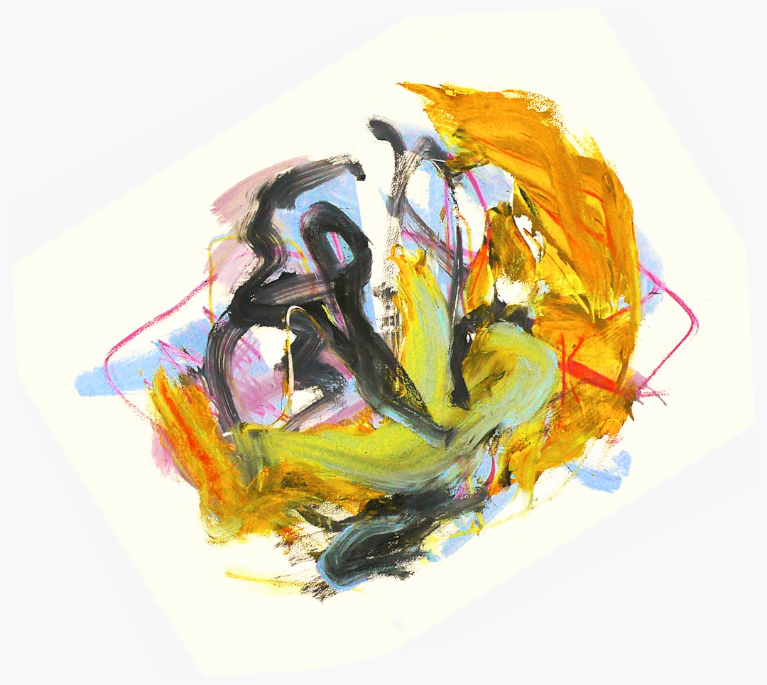 abstract drawing of yellow and pink brush strokes, colorful ink, simple lines, white background, on the right side there is an abstract shape resembling yin yang with a dark black outline, below it stands another abstract form that resembles a man or woman dancing, loose sketch style, wet-on-wet blending. –ar 64:57