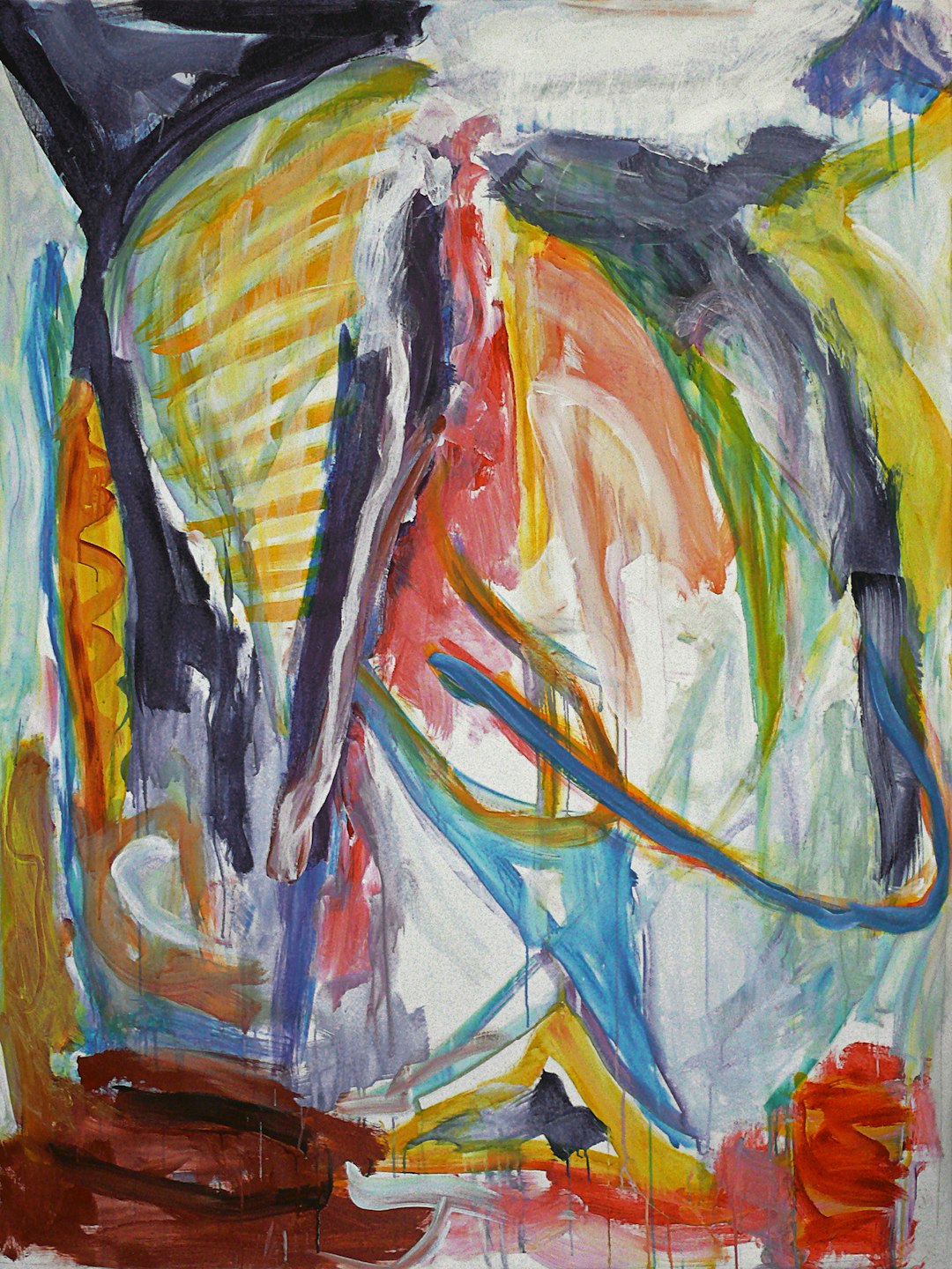 A loose, expressive abstract painting with thick paint strokes and bold colors depicting an elephant in motion. The artwork is made of acrylic paints on canvas, with the background being white or light gray to highlight vibrant reds, yellows, blues, greens, oranges, black lines, and splashes of color that give it movement and energy. It has an energetic vibe, reminiscent of expressionist art but with a more free, fluid style in the style of expressionist art. –ar 3:4