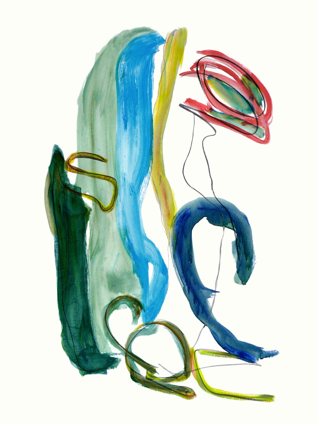 Matisse-style drawing of an abstract figure using simple shapes with colorful green, blue, red, yellow and white ink on paper against a white background, with loose lines and strokes. A hat made of cloth hangs off the head with long curly hair flowing down to one side in an abstract pose. A simple line art sketch with a colorful watercolor painting isolated by color in vector format, presented as a high resolution, professional photograph in the style of Matisse. –ar 3:4