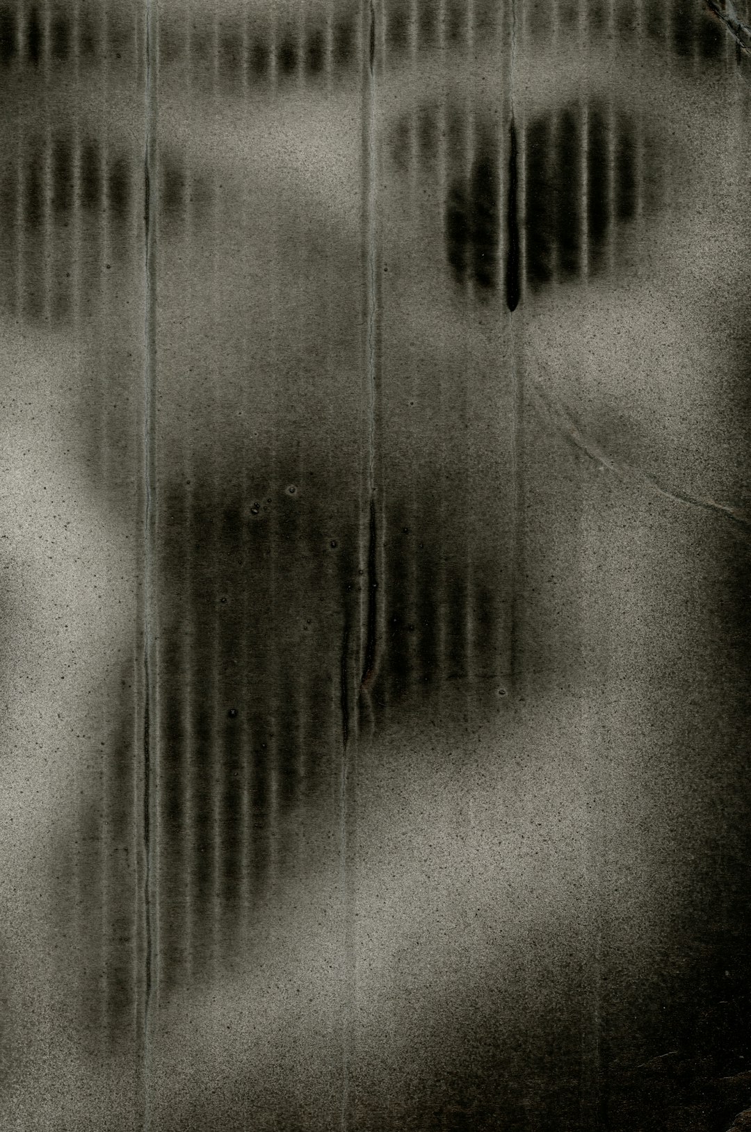 old grungy dusty worn antique black and white photograph of a blurred dark creepy shadow figure in the foggy misty darkness behind an old vintage window with vertical strips, very faded photo, very light gray and dark beige –ar 21:32