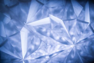 Blue diamond crystal background, in the style of origami, light white and dark blue styles, paper cut art, closeup, macro photography, low angle view, geometric shape, super detailed, high resolution, best quality --ar 128:85