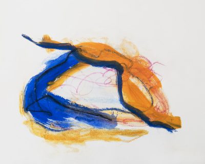 A simple sketch of the blue, yellow and orange figure in motion on white paper, drawn with colored pencils. The drawing shows only one body part, focusing attention to its graceful curves and flowing lines. It captures movement as if it were captured by an artist's eye while lying down. This minimalistic style emphasizes simplicity over detail, creating a serene composition that evokes emotion through subtle color harmonies. --ar 64:51