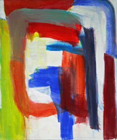 abstract painting, very simple, with bright red, blue, green, yellow and white colors. Thick brush strokes create large shapes with strong color contrasts and simple forms. A red shape is in the middle surrounded by all the colors, with green and dark blue shapes in the top right corner and a light grey shape at the bottom left corner. The white background has a white border around the canvas edge. Thick paint was used with white edges. --ar 107:128