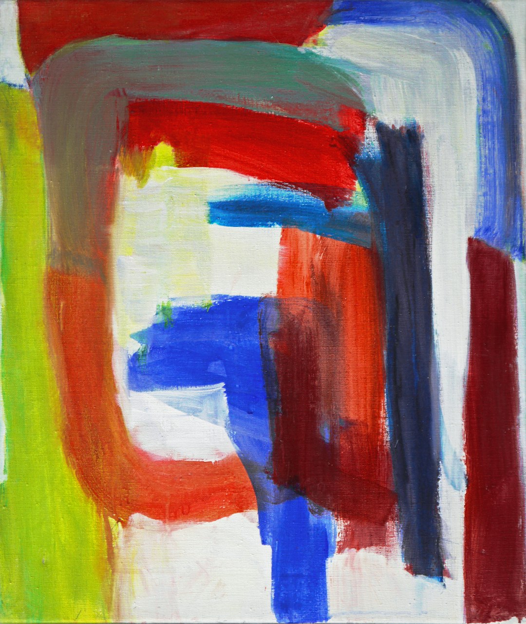 abstract painting, very simple, with bright red, blue, green, yellow and white colors. Thick brush strokes create large shapes with strong color contrasts and simple forms. A red shape is in the middle surrounded by all the colors, with green and dark blue shapes in the top right corner and a light grey shape at the bottom left corner. The white background has a white border around the canvas edge. Thick paint was used with white edges. –ar 107:128