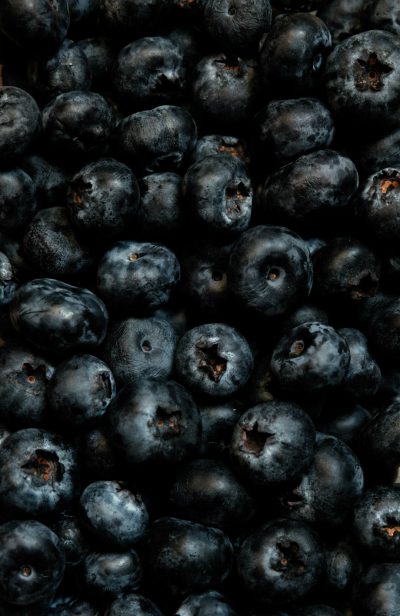 A pile of fresh blueberries, shown close up with a dark background, photographed from a top view. The high resolution and high detail macro stock photo captures the scene in the style of photography. --ar 83:128