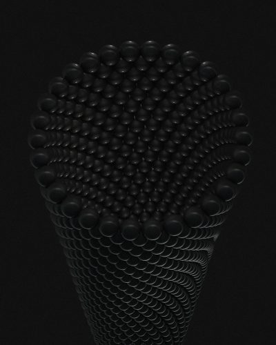 A black microphone made of spheres with a solid background in a minimalist and symmetrical composition lit with studio lighting, rendered in C4D with high resolution photography showing rich details and high quality. A 3d model rendered in cinema 5D with a macro lens in sharp focus and a cool tone. --ar 51:64