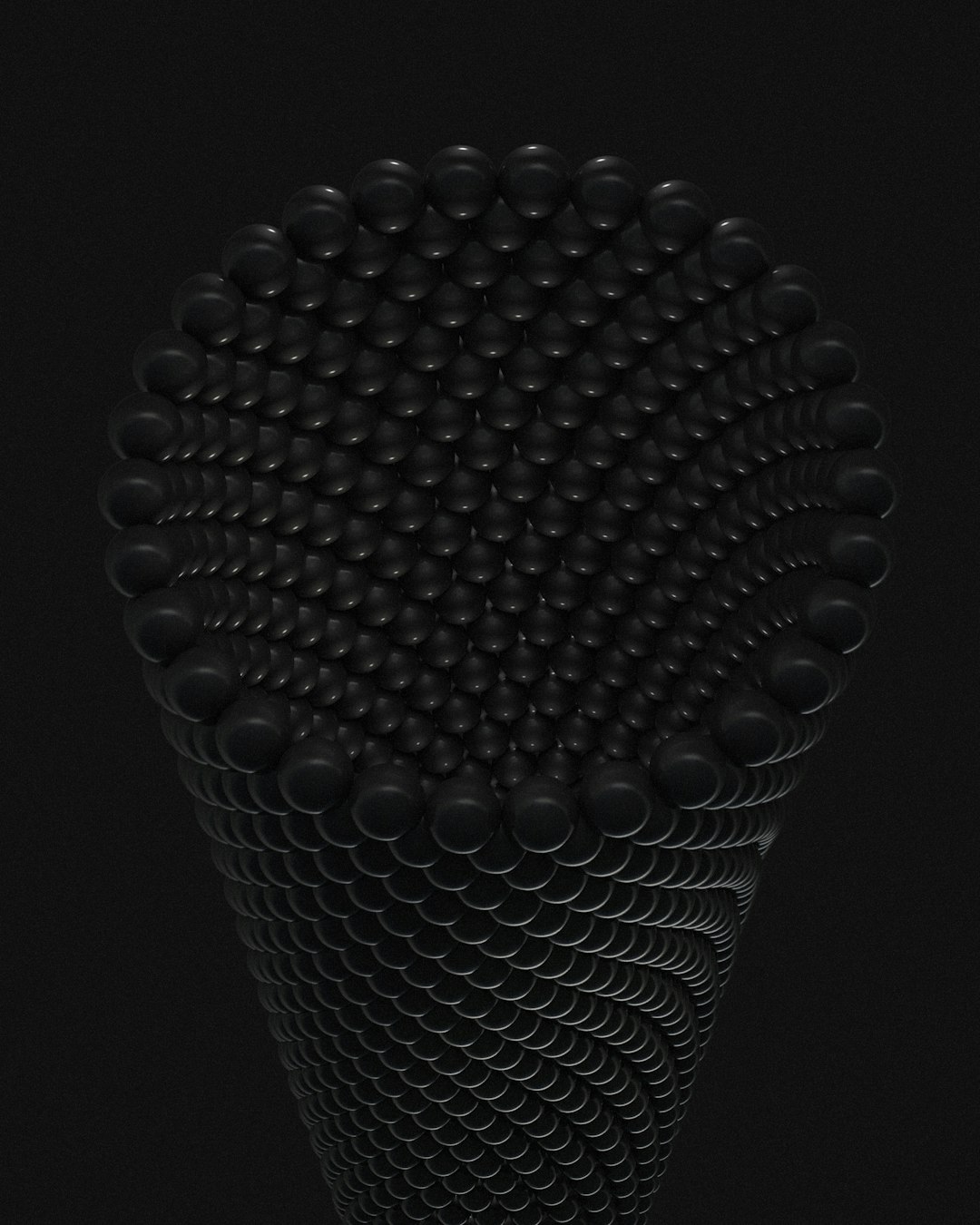 A black microphone made of spheres with a solid background in a minimalist and symmetrical composition lit with studio lighting, rendered in C4D with high resolution photography showing rich details and high quality. A 3d model rendered in cinema 5D with a macro lens in sharp focus and a cool tone. –ar 51:64